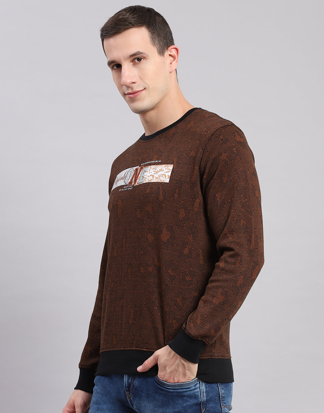 Men Brown Self Design Round Neck Full Sleeve Sweatshirts