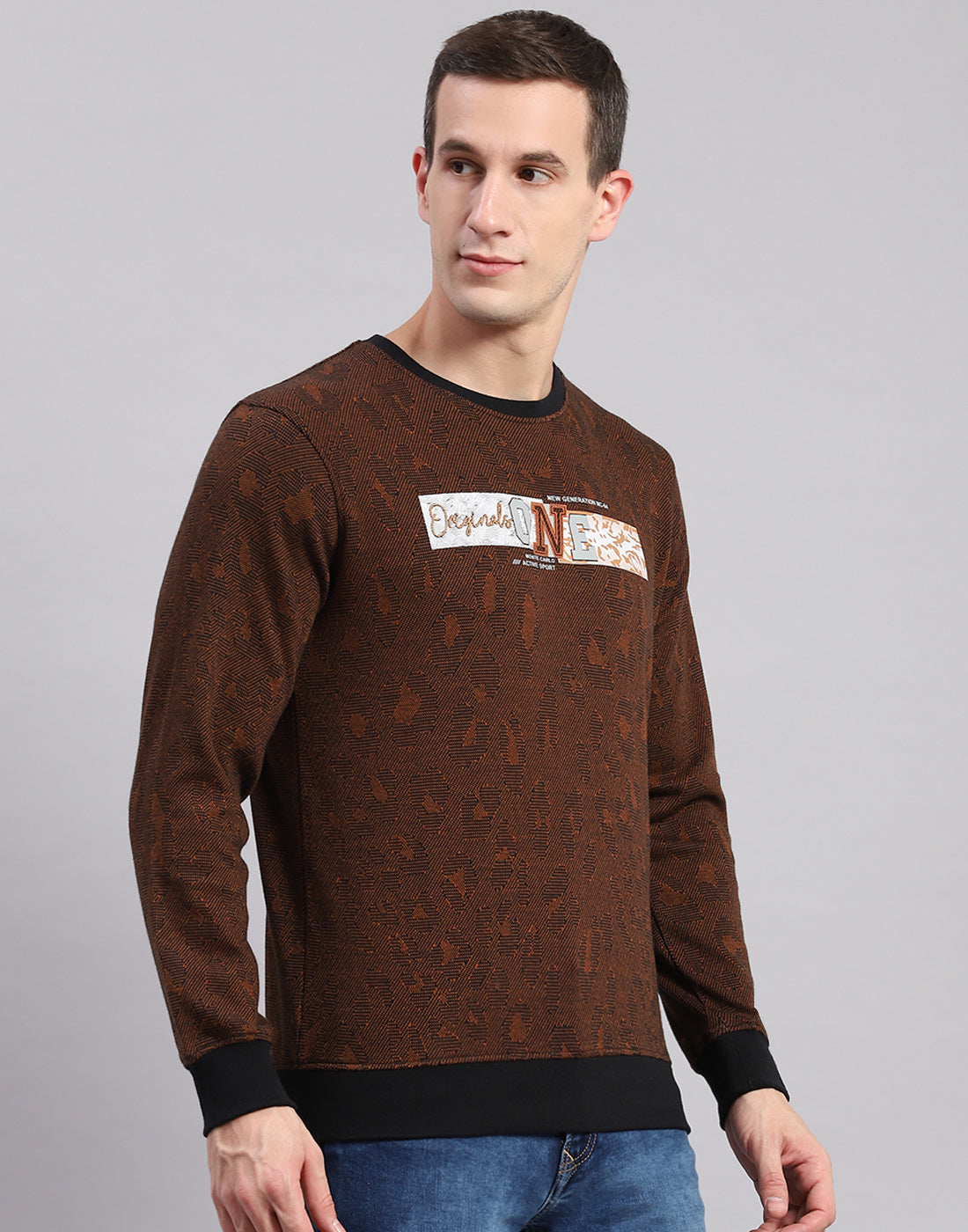 Men Brown Self Design Round Neck Full Sleeve Sweatshirts