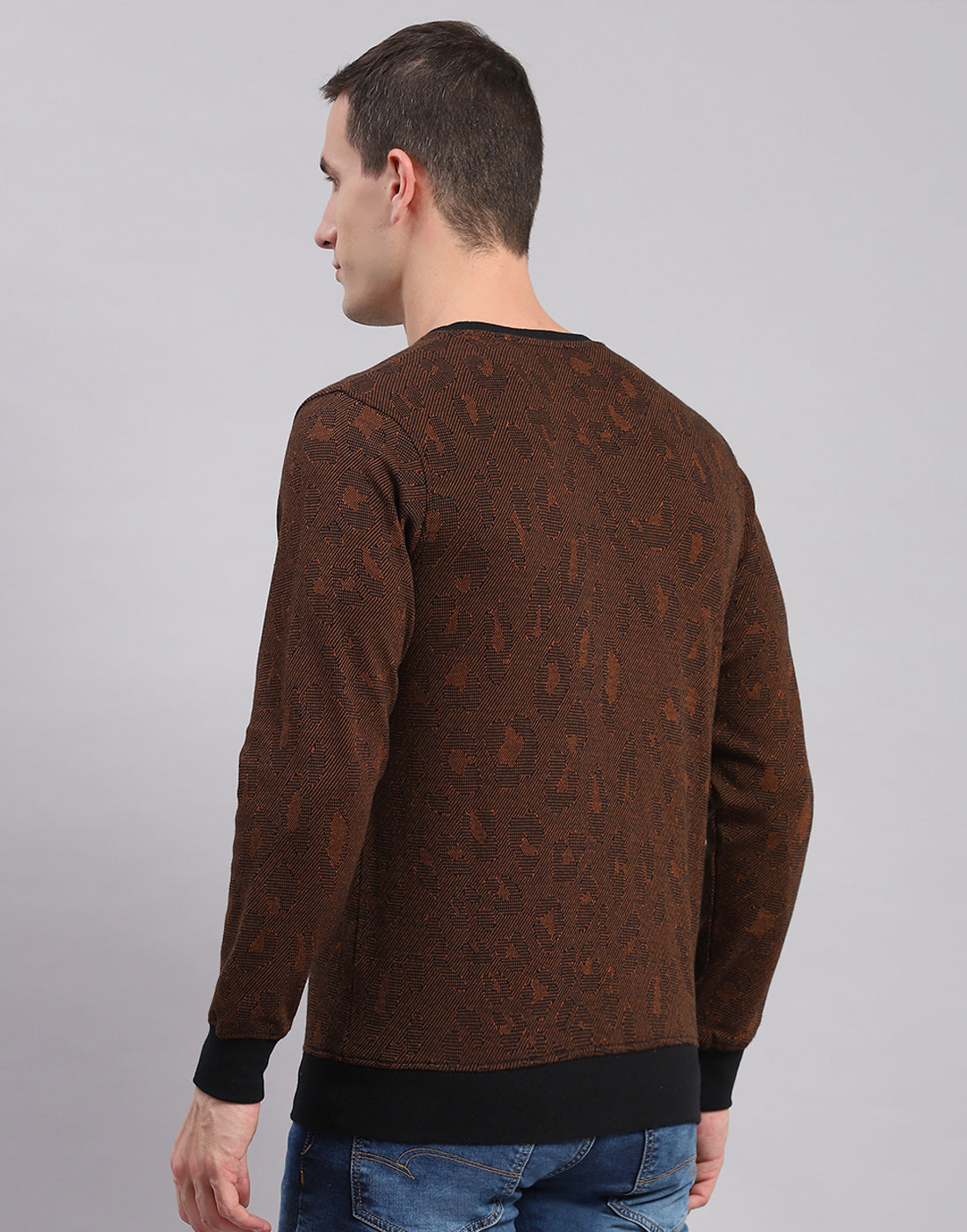 Men Brown Self Design Round Neck Full Sleeve Sweatshirts