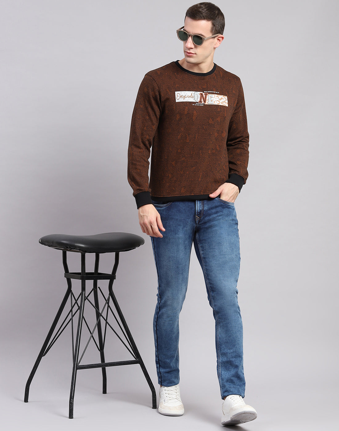 Men Brown Self Design Round Neck Full Sleeve Sweatshirts