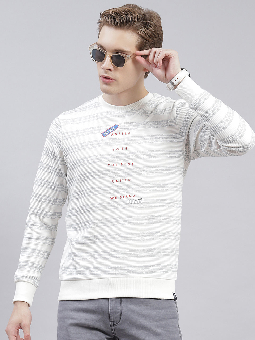 Men Off White Stripe Round Neck Full Sleeve Sweatshirts