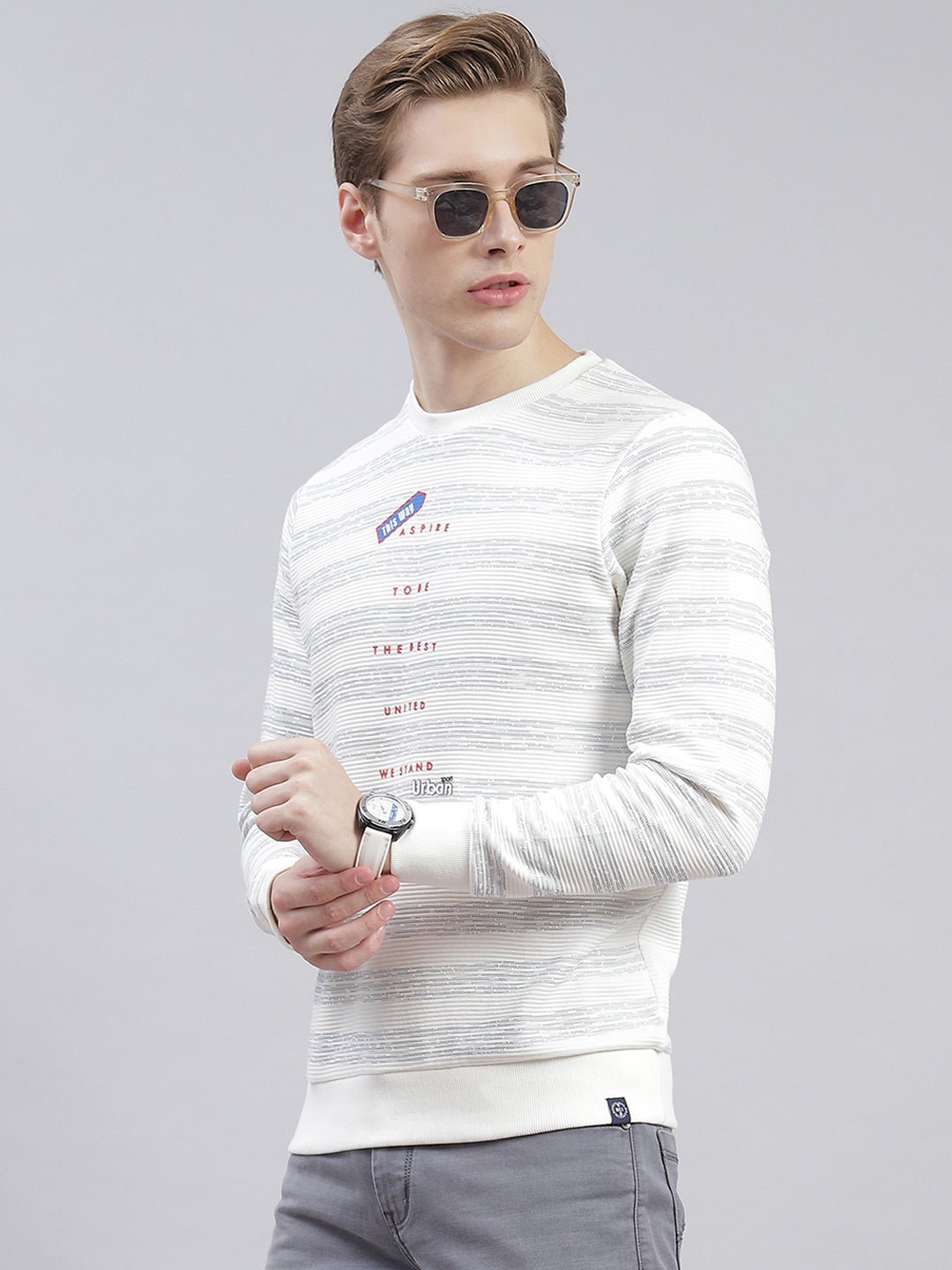 Men Off White Stripe Round Neck Full Sleeve Sweatshirts