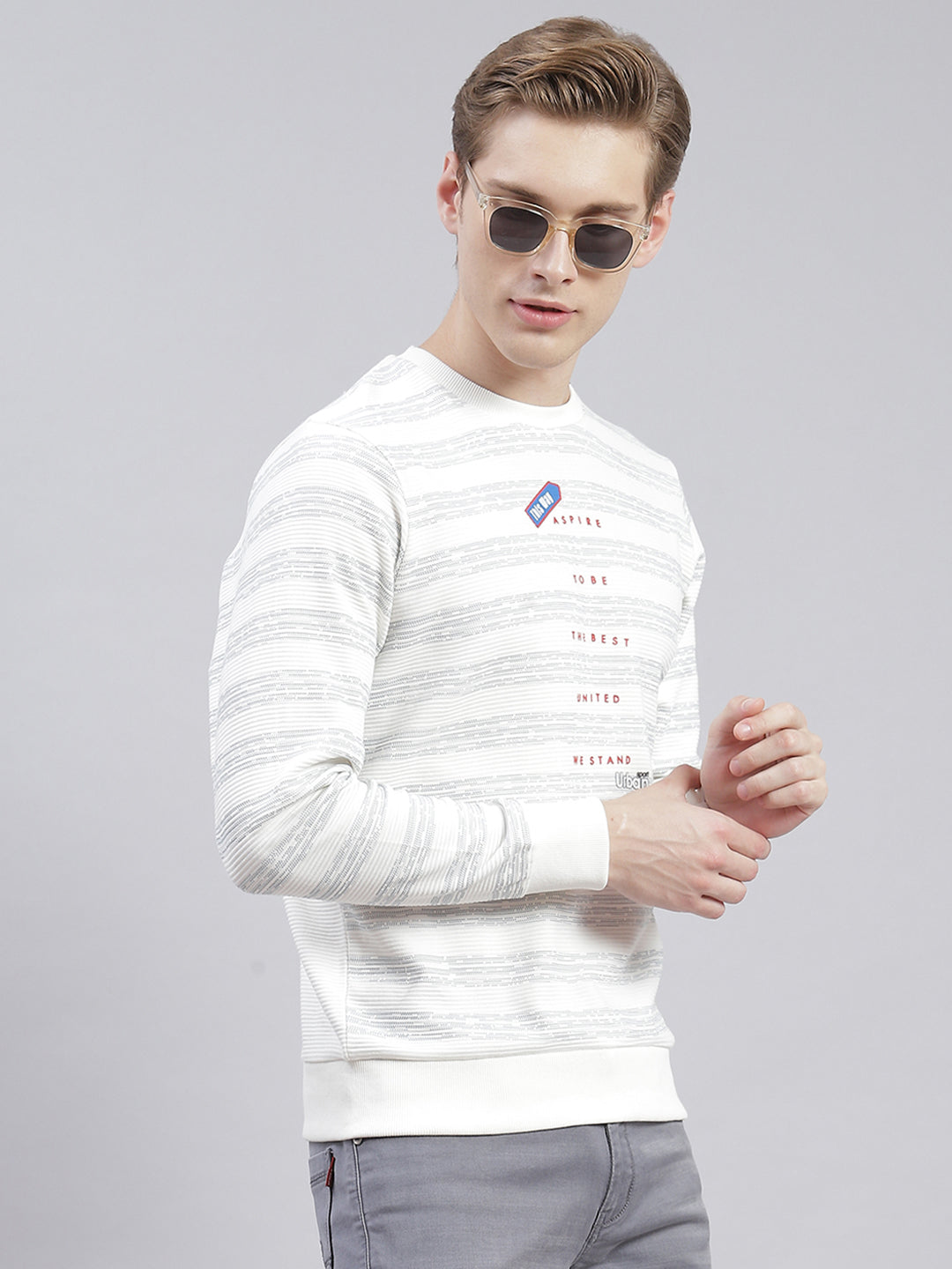 Men Off White Stripe Round Neck Full Sleeve Sweatshirts