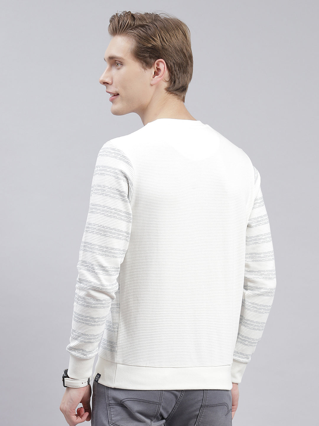 Men Off White Stripe Round Neck Full Sleeve Sweatshirts