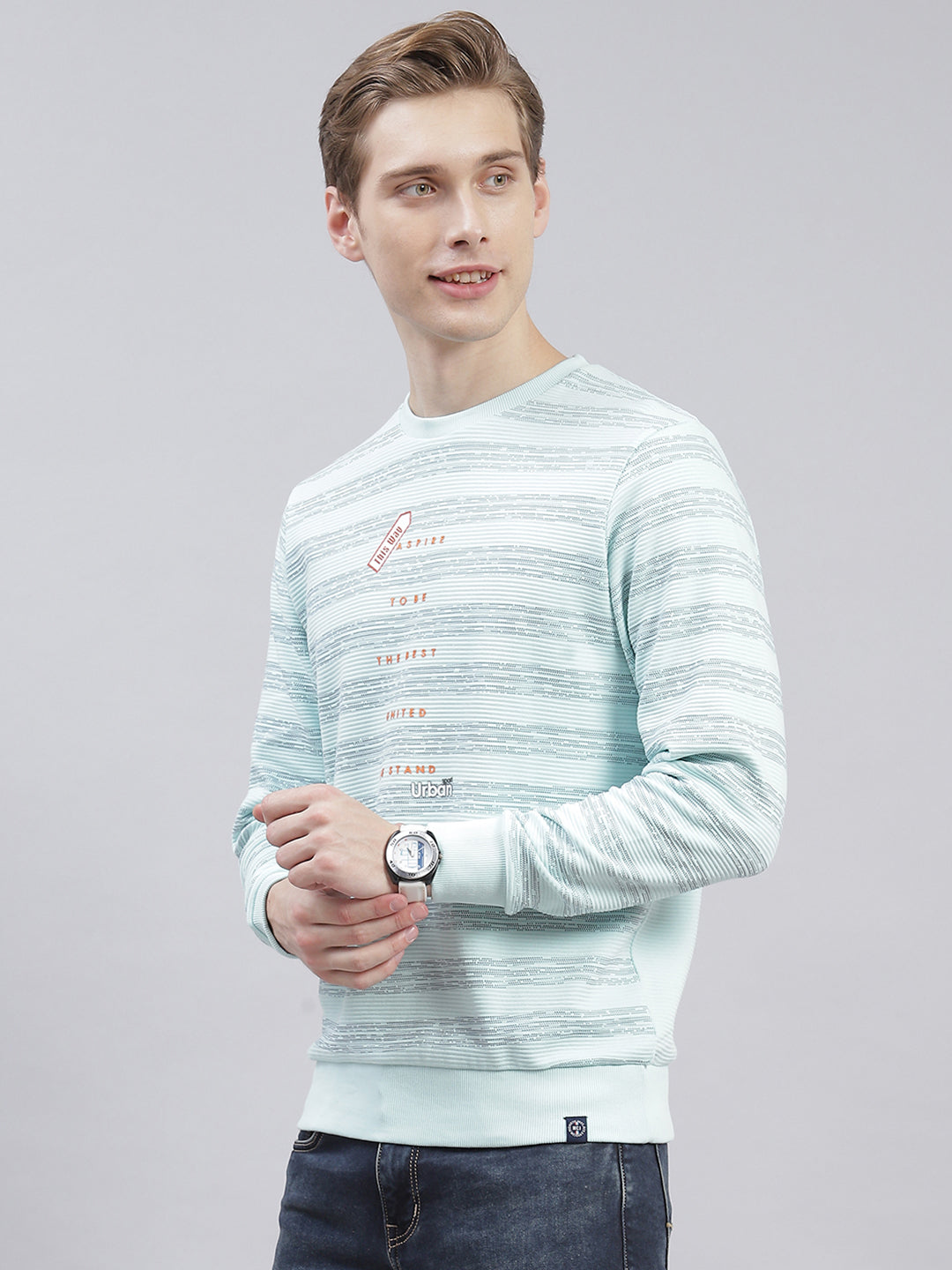 Men Aqua Blue Stripe Round Neck Full Sleeve Sweatshirts