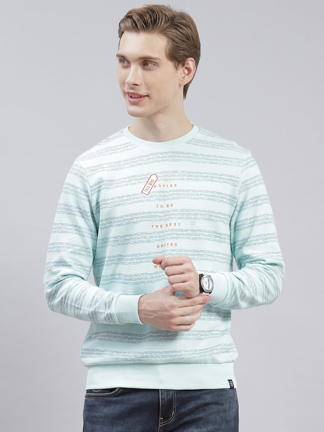 Men Aqua Blue Stripe Round Neck Full Sleeve Sweatshirts