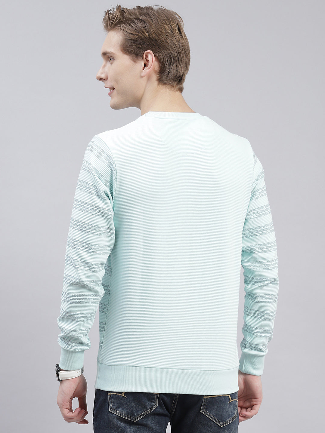 Men Aqua Blue Stripe Round Neck Full Sleeve Sweatshirts