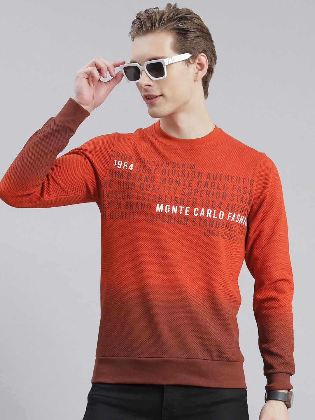 Men Rust Printed Round Neck Full Sleeve Sweatshirts