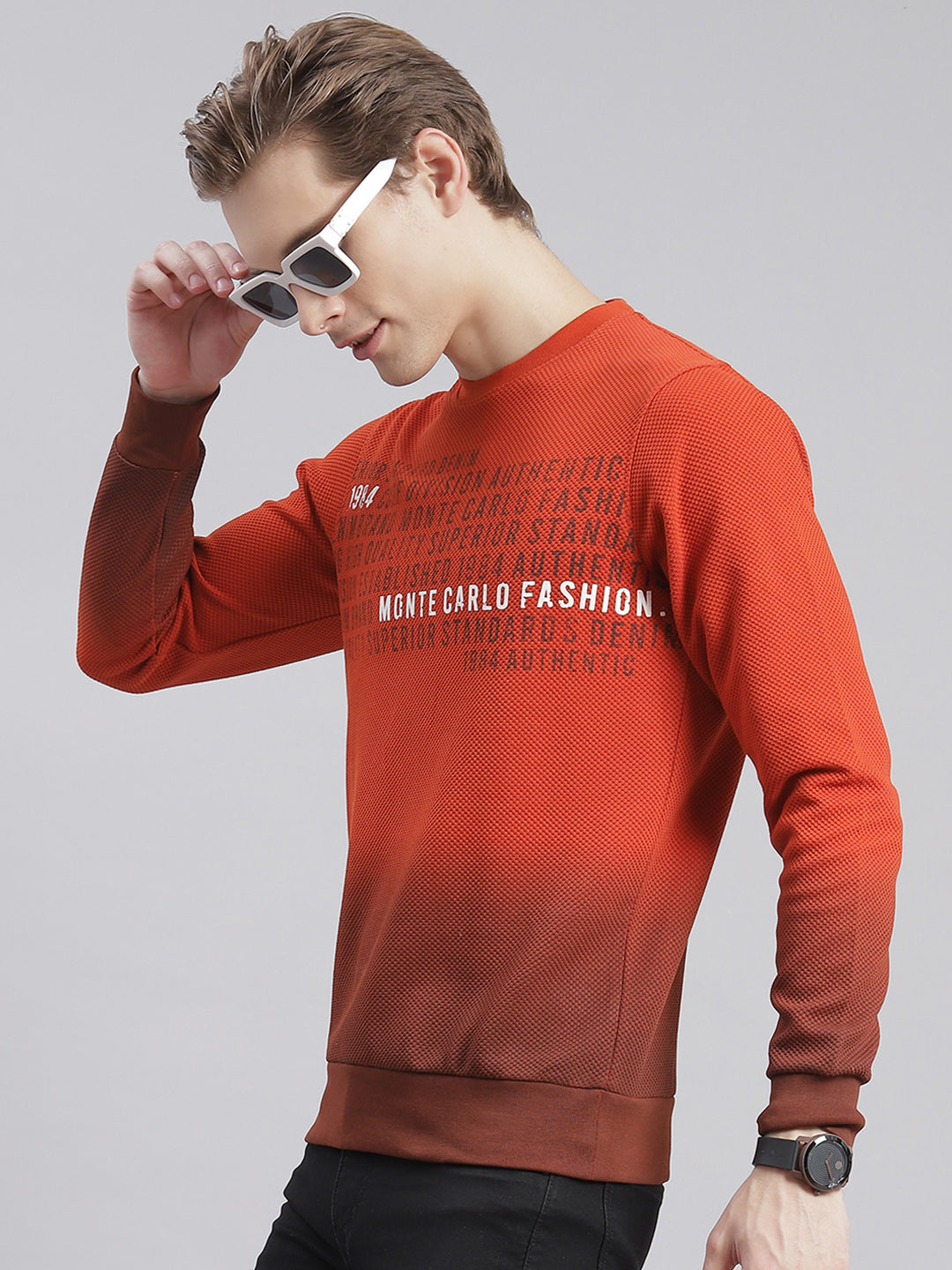 Men Rust Printed Round Neck Full Sleeve Sweatshirts