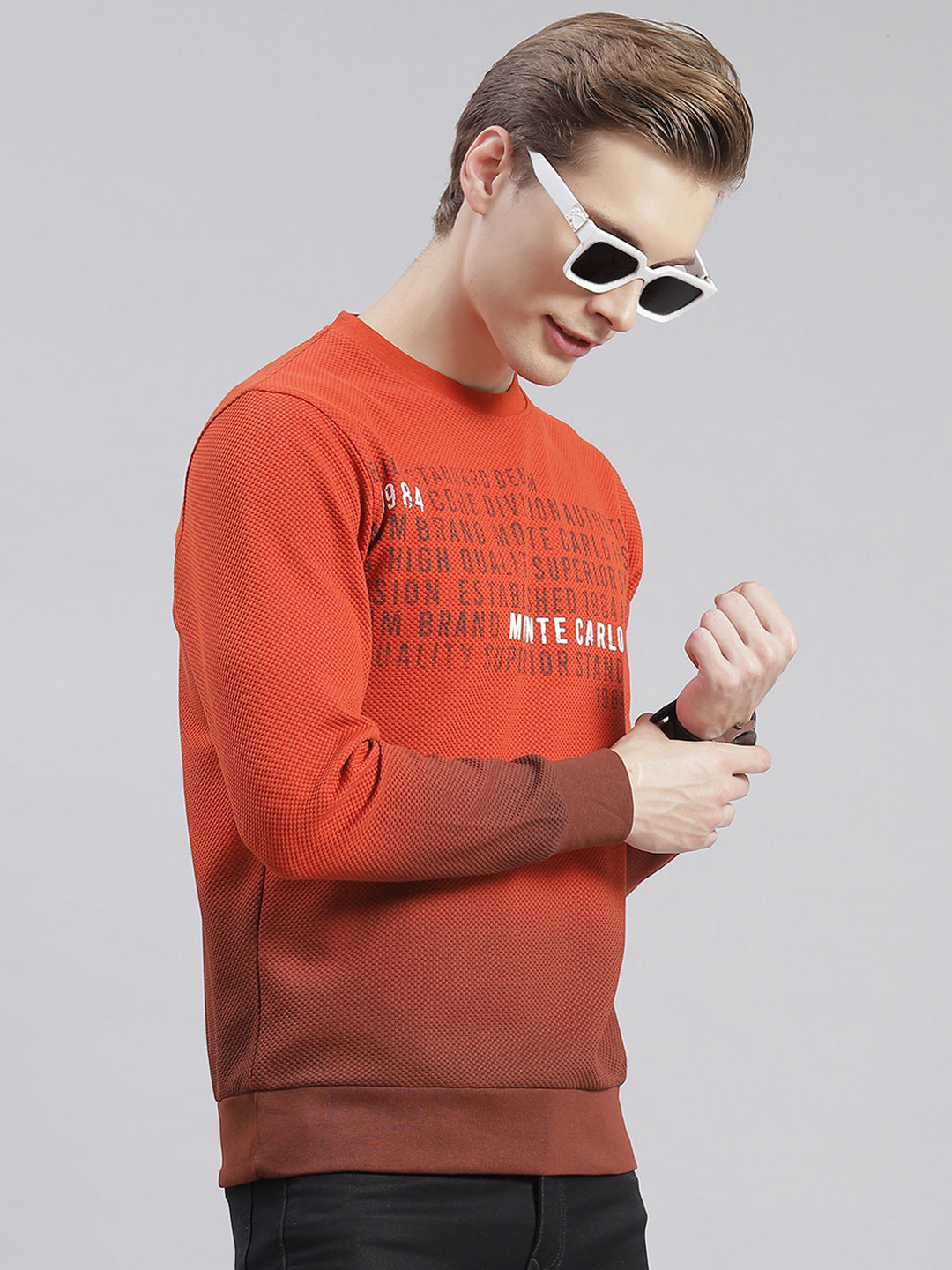 Men Rust Printed Round Neck Full Sleeve Sweatshirts