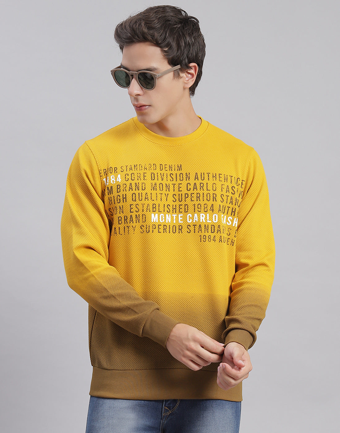 Men Yellow Printed Round Neck Full Sleeve Sweatshirts