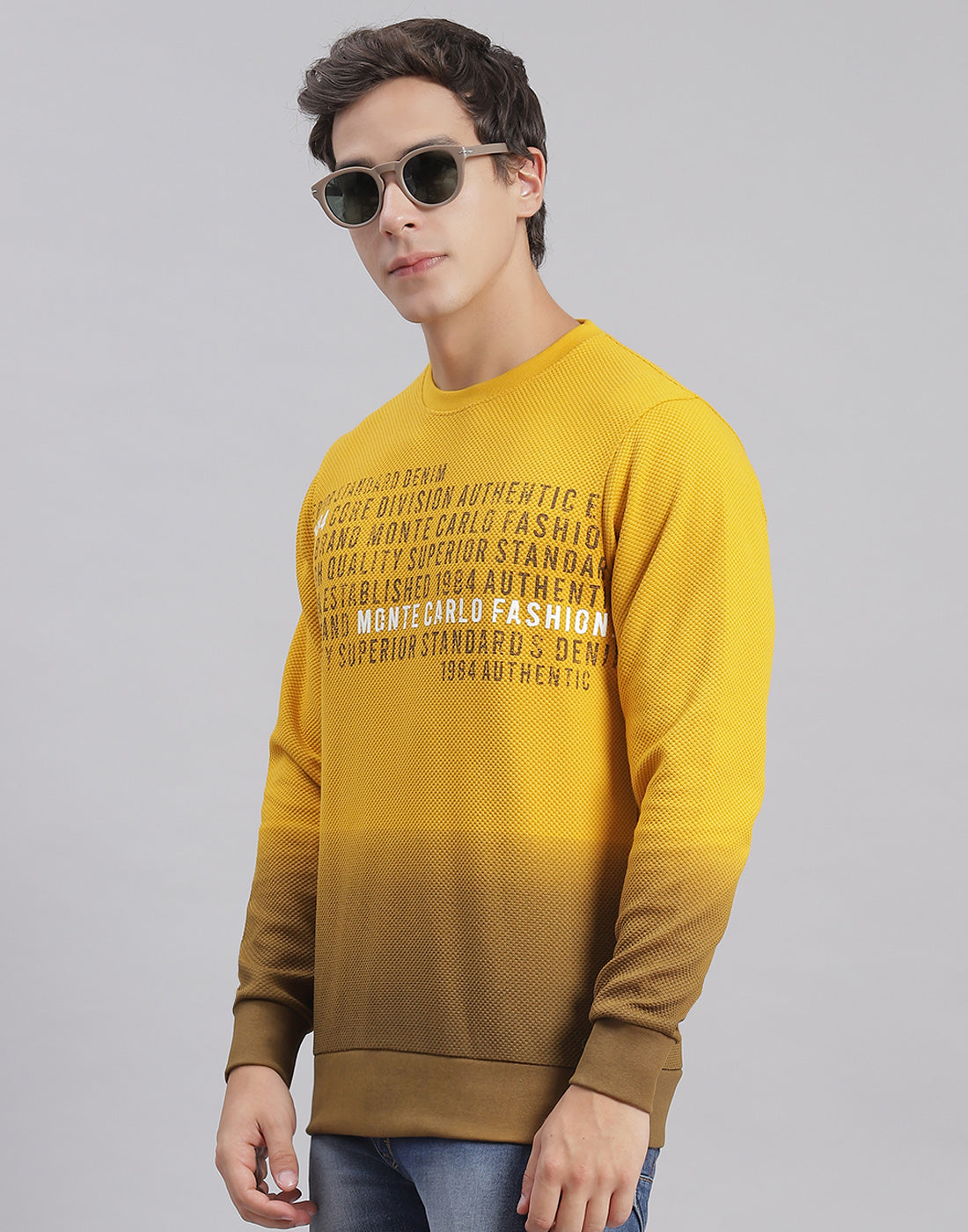 Men Yellow Printed Round Neck Full Sleeve Sweatshirts