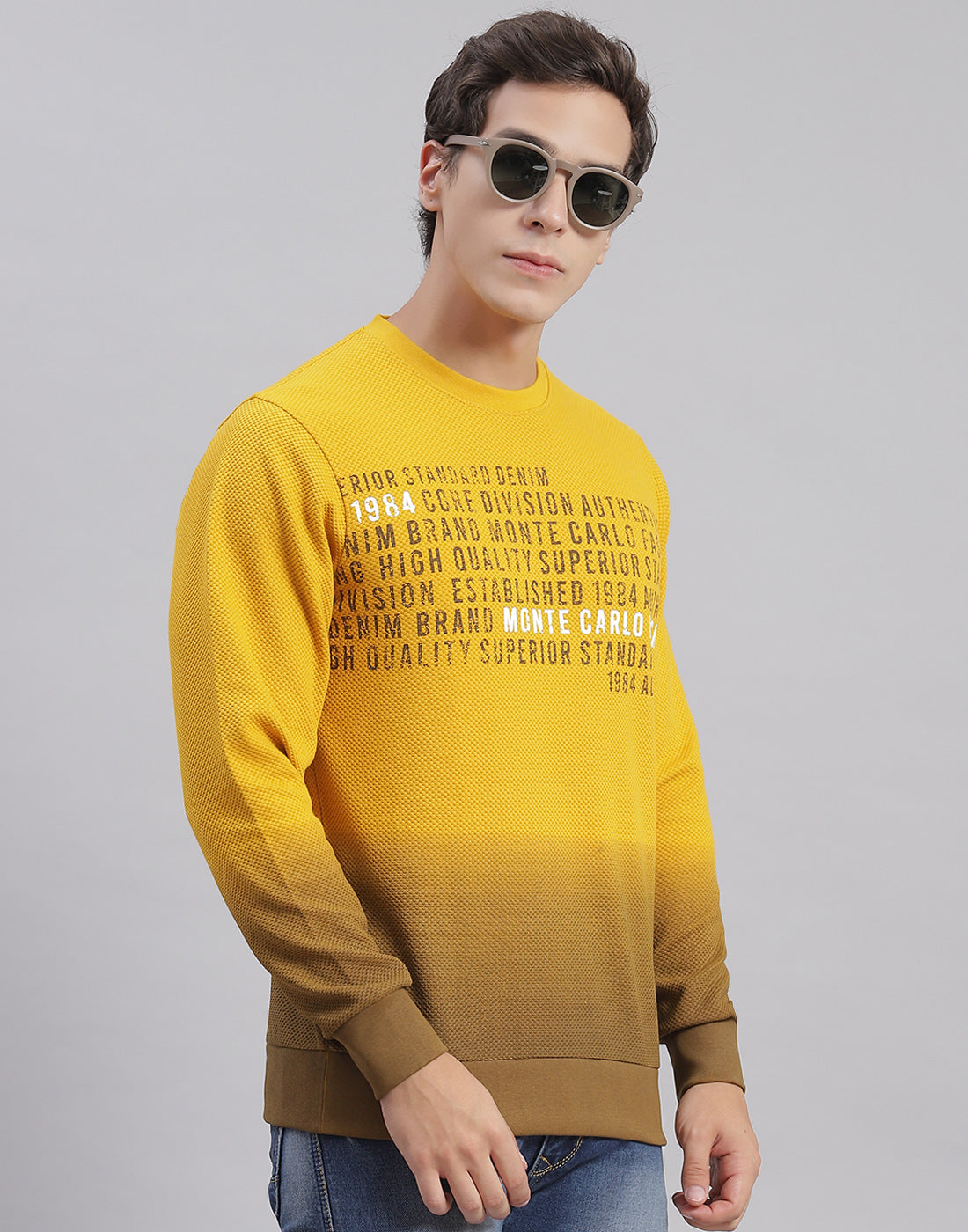 Men Yellow Printed Round Neck Full Sleeve Sweatshirts