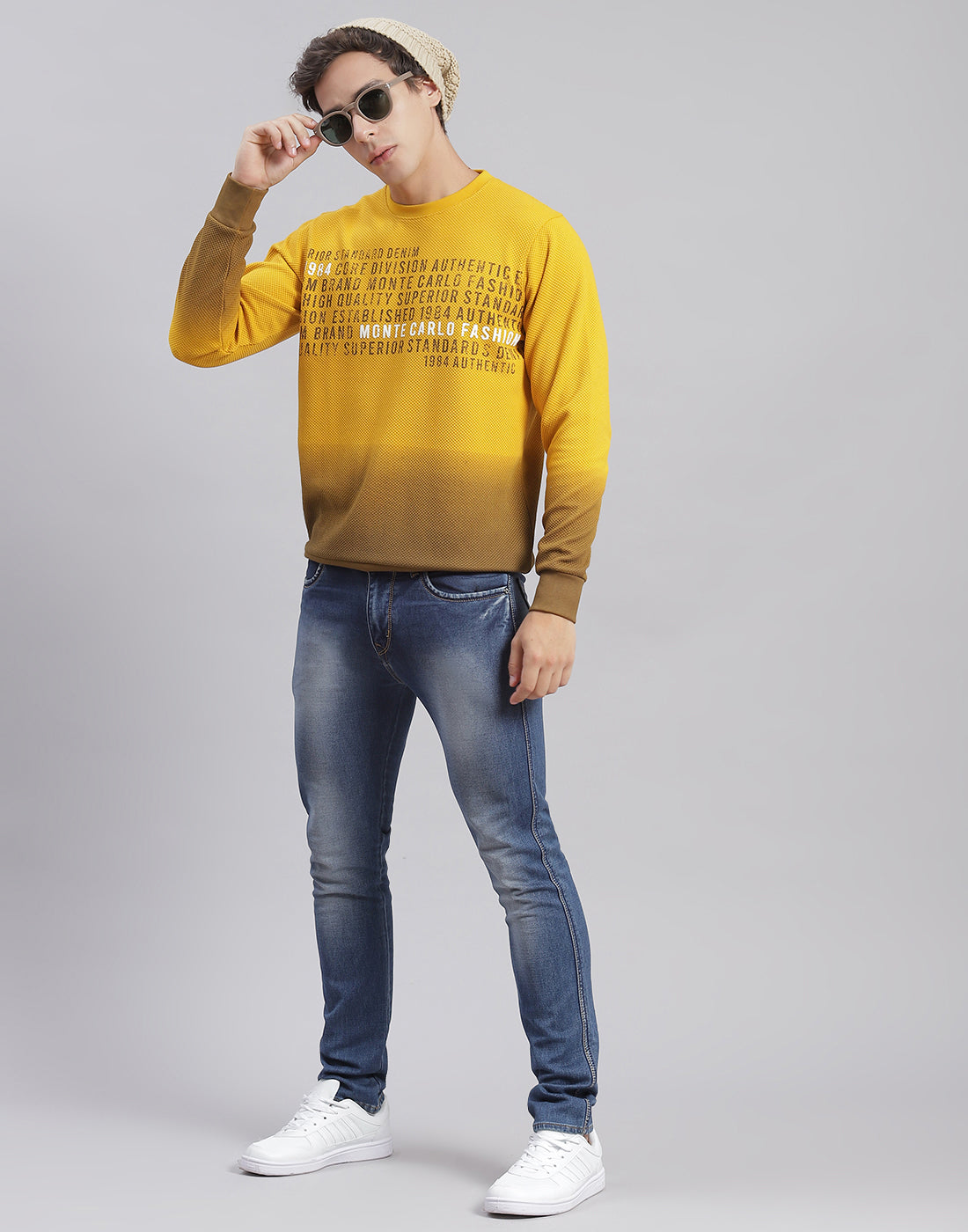 Men Yellow Printed Round Neck Full Sleeve Sweatshirts