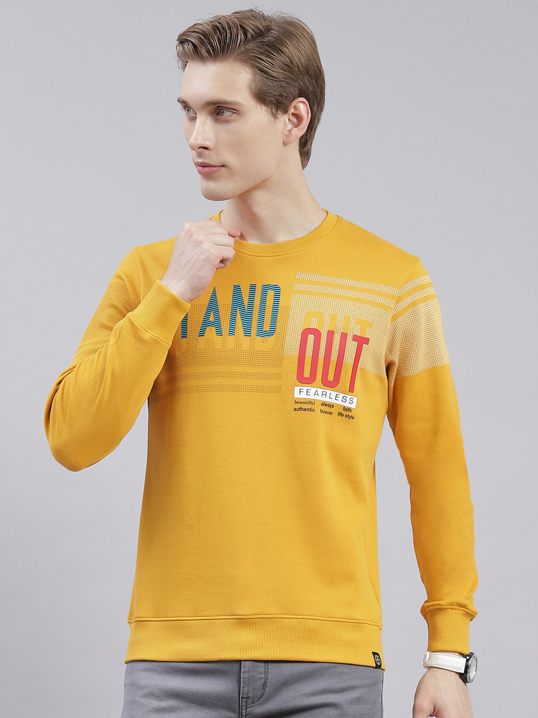 Men Mustard Printed Round Neck Full Sleeve Sweatshirts