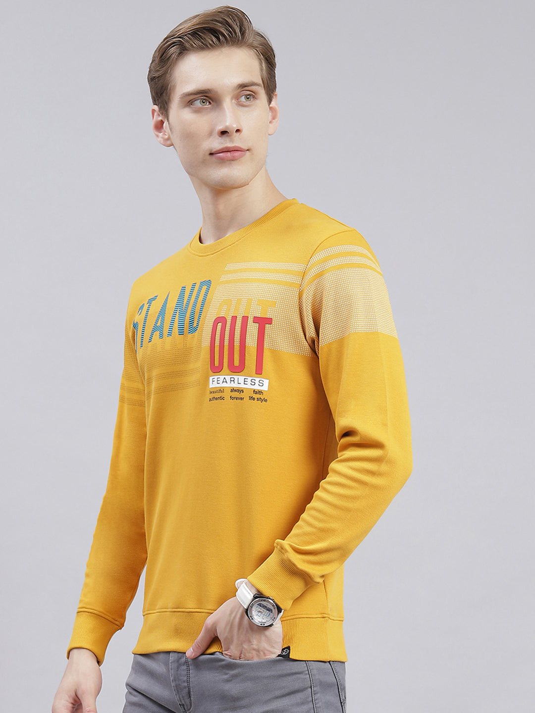 Men Mustard Printed Round Neck Full Sleeve Sweatshirts