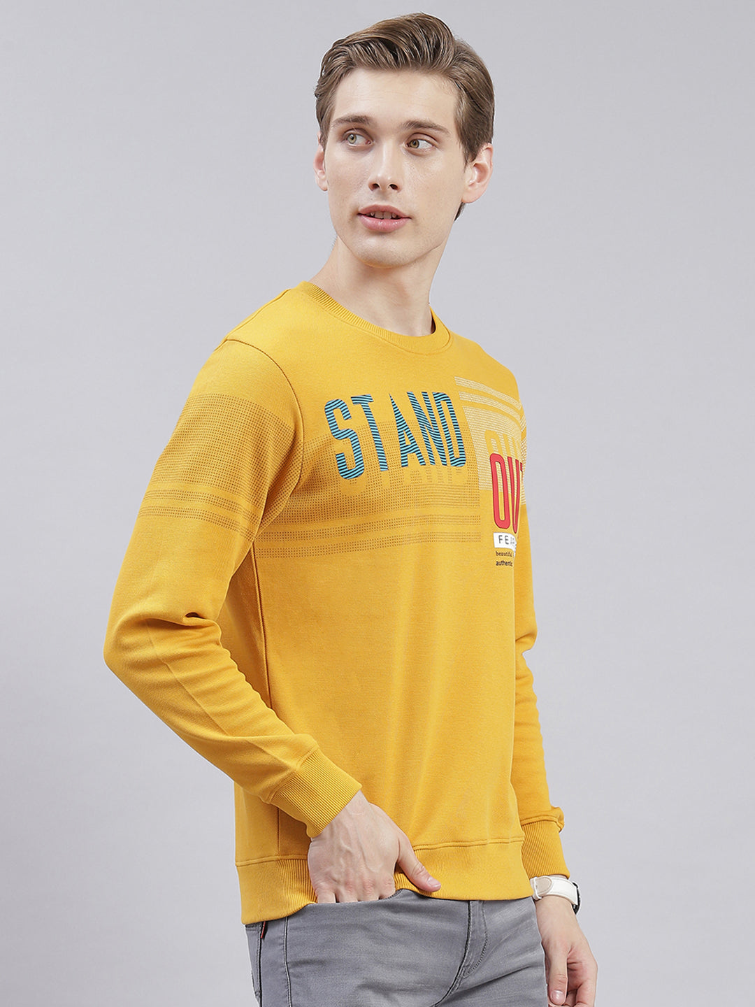 Men Mustard Printed Round Neck Full Sleeve Sweatshirts