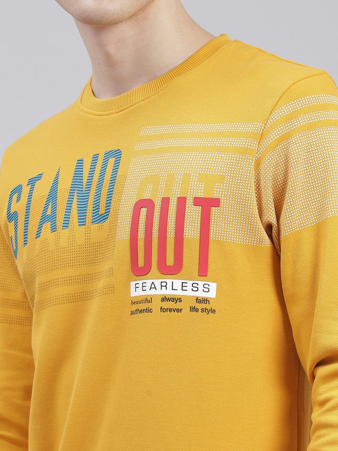 Men Mustard Printed Round Neck Full Sleeve Sweatshirts