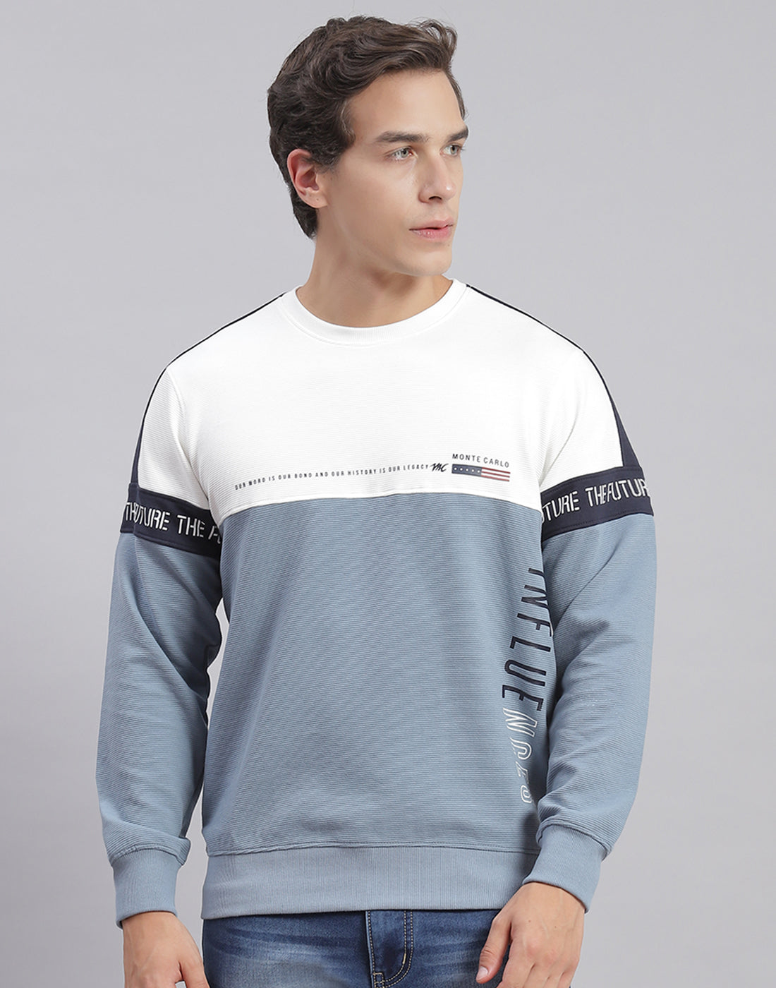 Men Blue Printed Round Neck Full Sleeve Sweatshirts