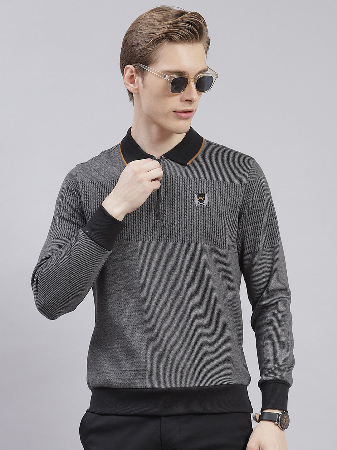 Men Grey Stripe Collar Full Sleeve Sweatshirts