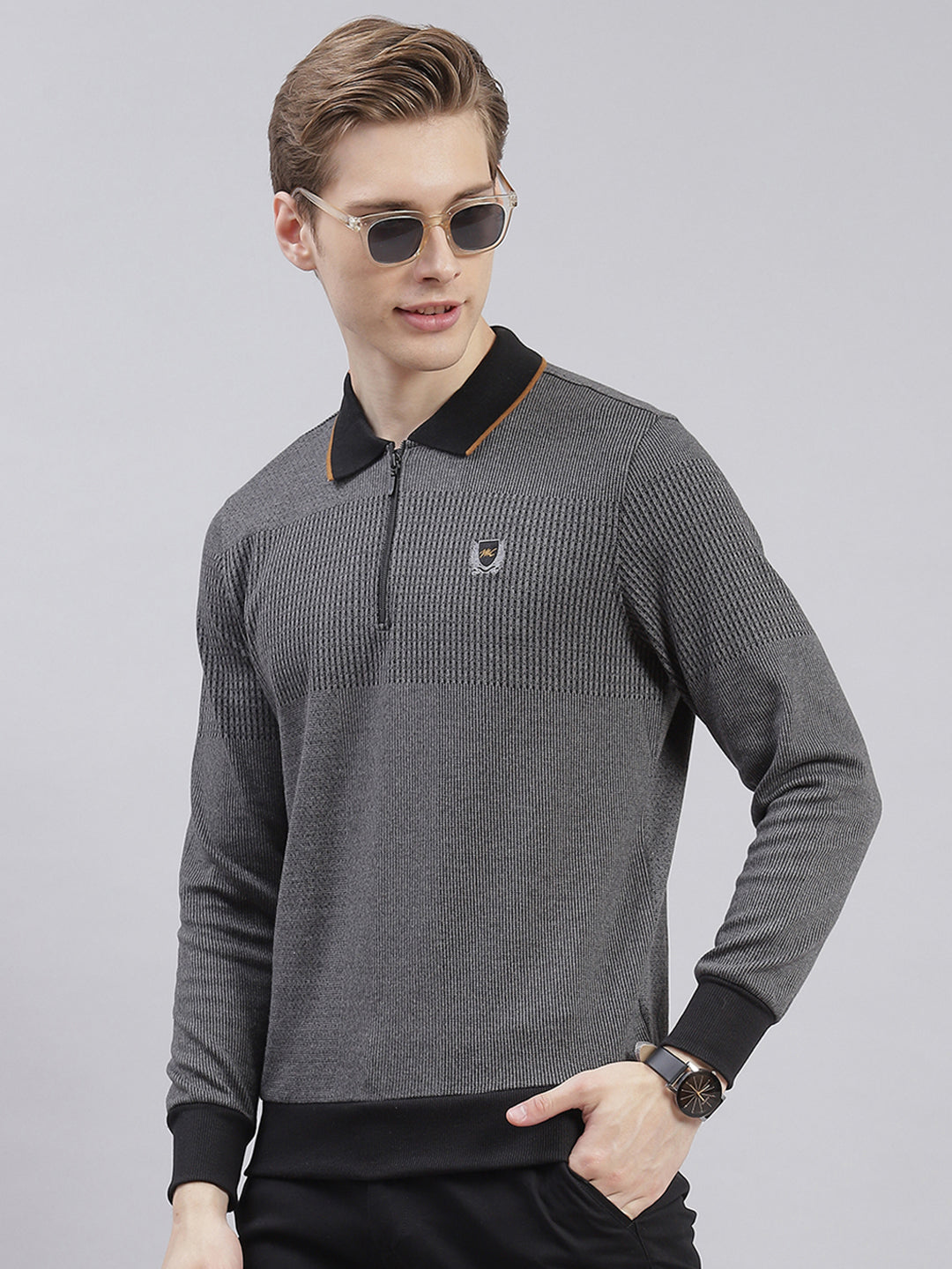 Men Grey Stripe Collar Full Sleeve Sweatshirts