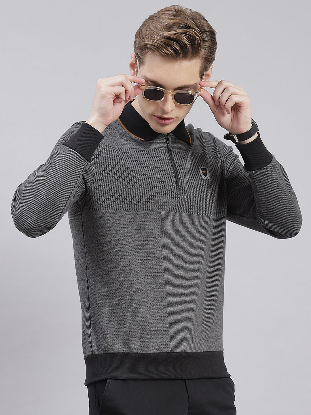 Men Grey Stripe Collar Full Sleeve Sweatshirts