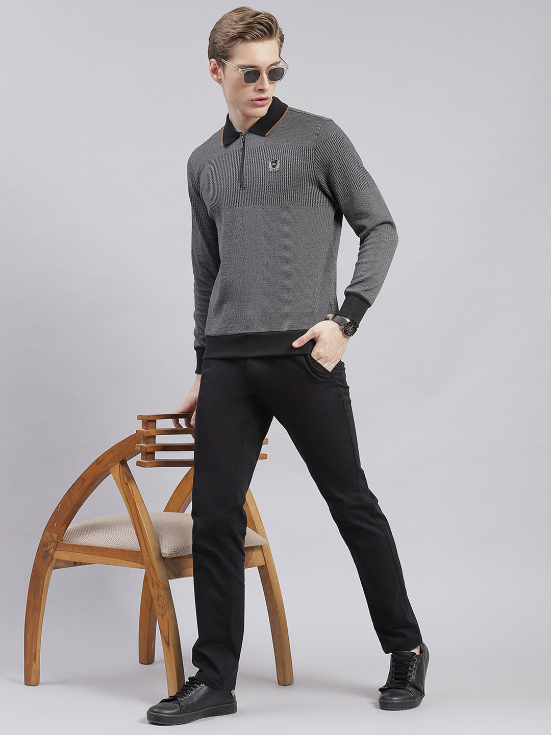 Men Grey Stripe Collar Full Sleeve Sweatshirts