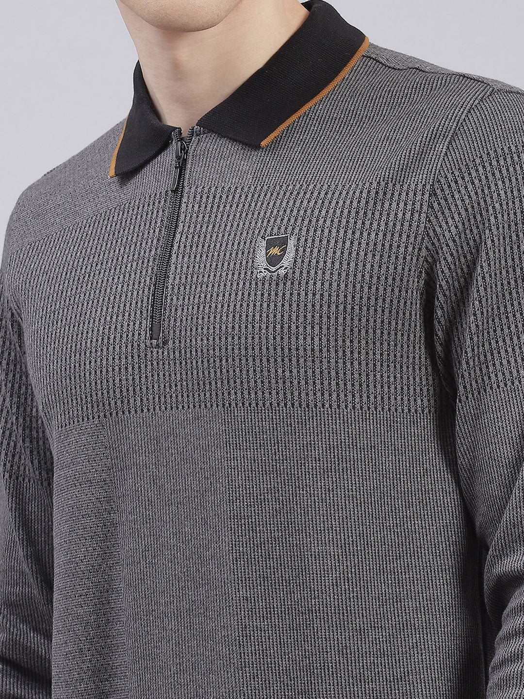 Men Grey Stripe Collar Full Sleeve Sweatshirts