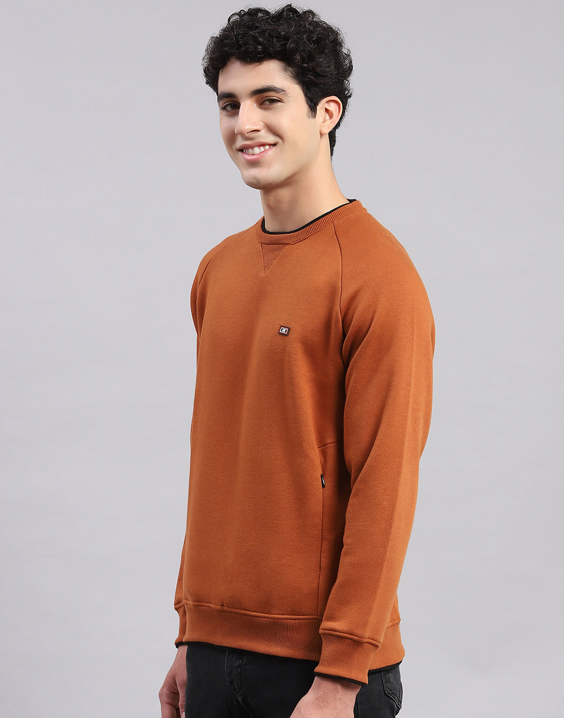 Men Brown Solid Round Neck Full Sleeve Sweatshirts