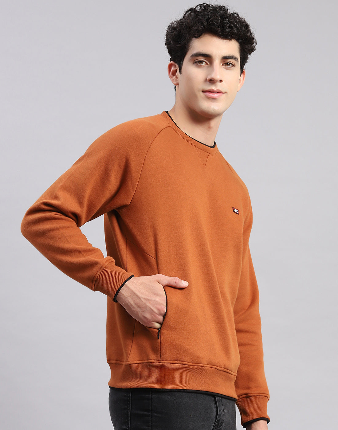 Men Brown Solid Round Neck Full Sleeve Sweatshirts