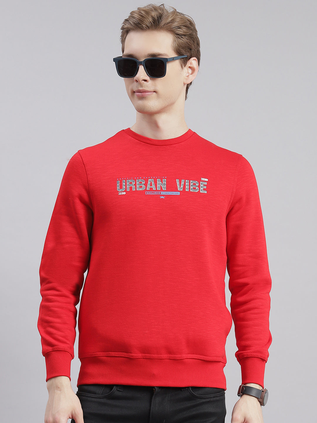 Men Red Printed Round Neck Full Sleeve Sweatshirts