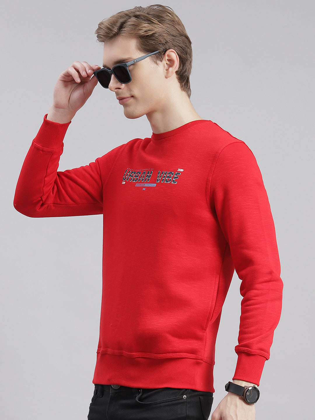 Men Red Printed Round Neck Full Sleeve Sweatshirts