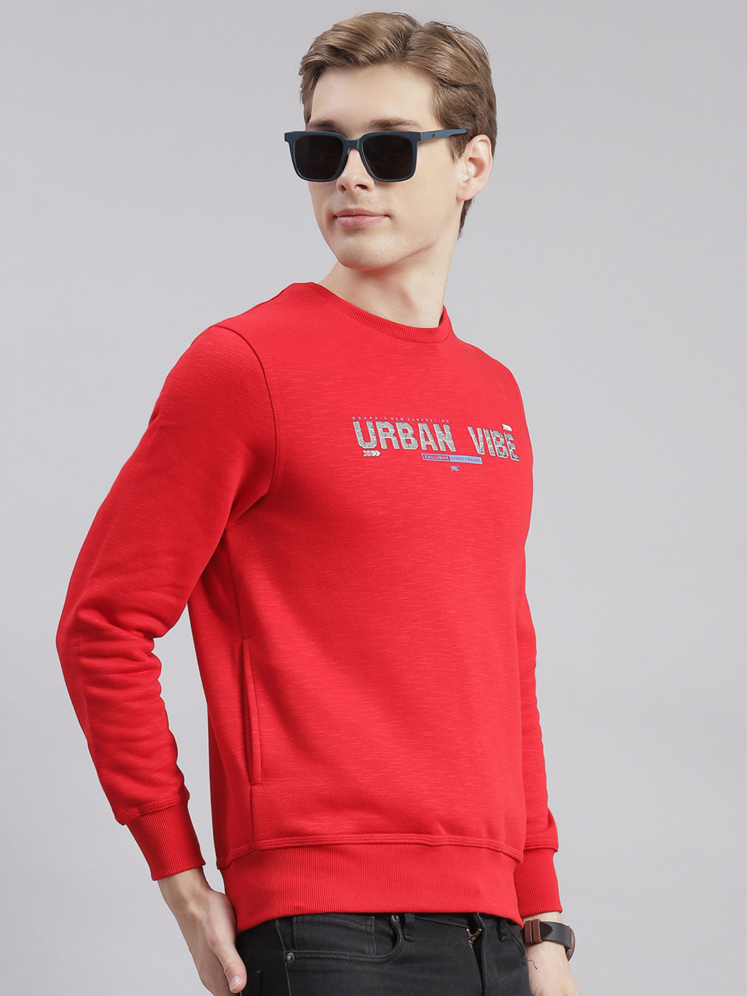 Men Red Printed Round Neck Full Sleeve Sweatshirts