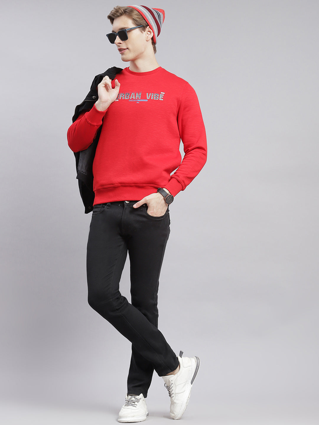 Men Red Printed Round Neck Full Sleeve Sweatshirts