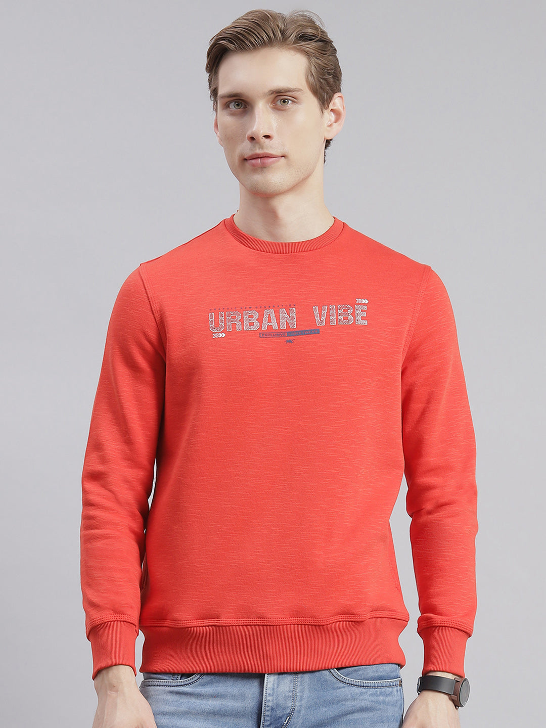 Men Orange Printed Round Neck Full Sleeve Sweatshirts