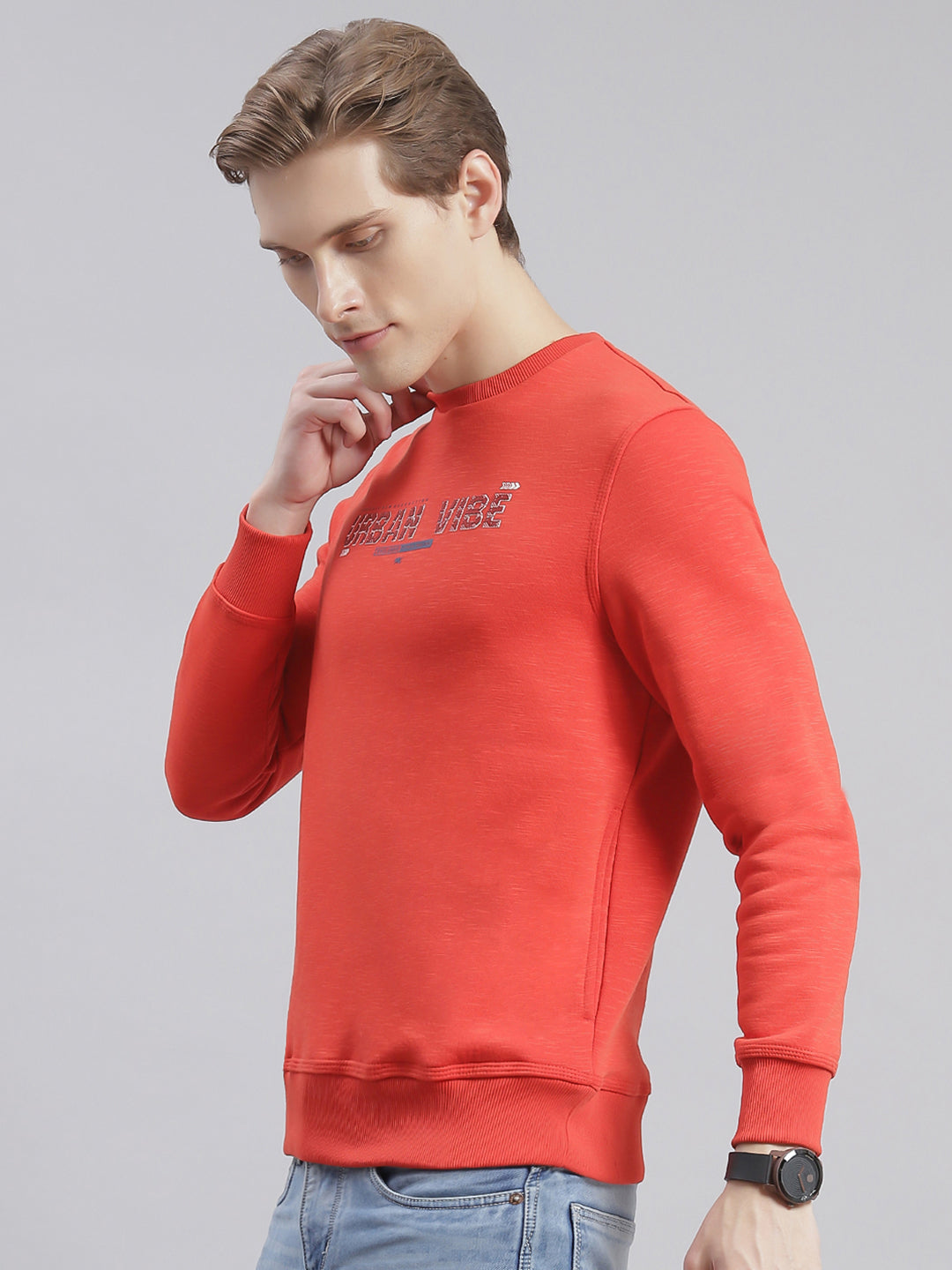 Men Orange Printed Round Neck Full Sleeve Sweatshirts