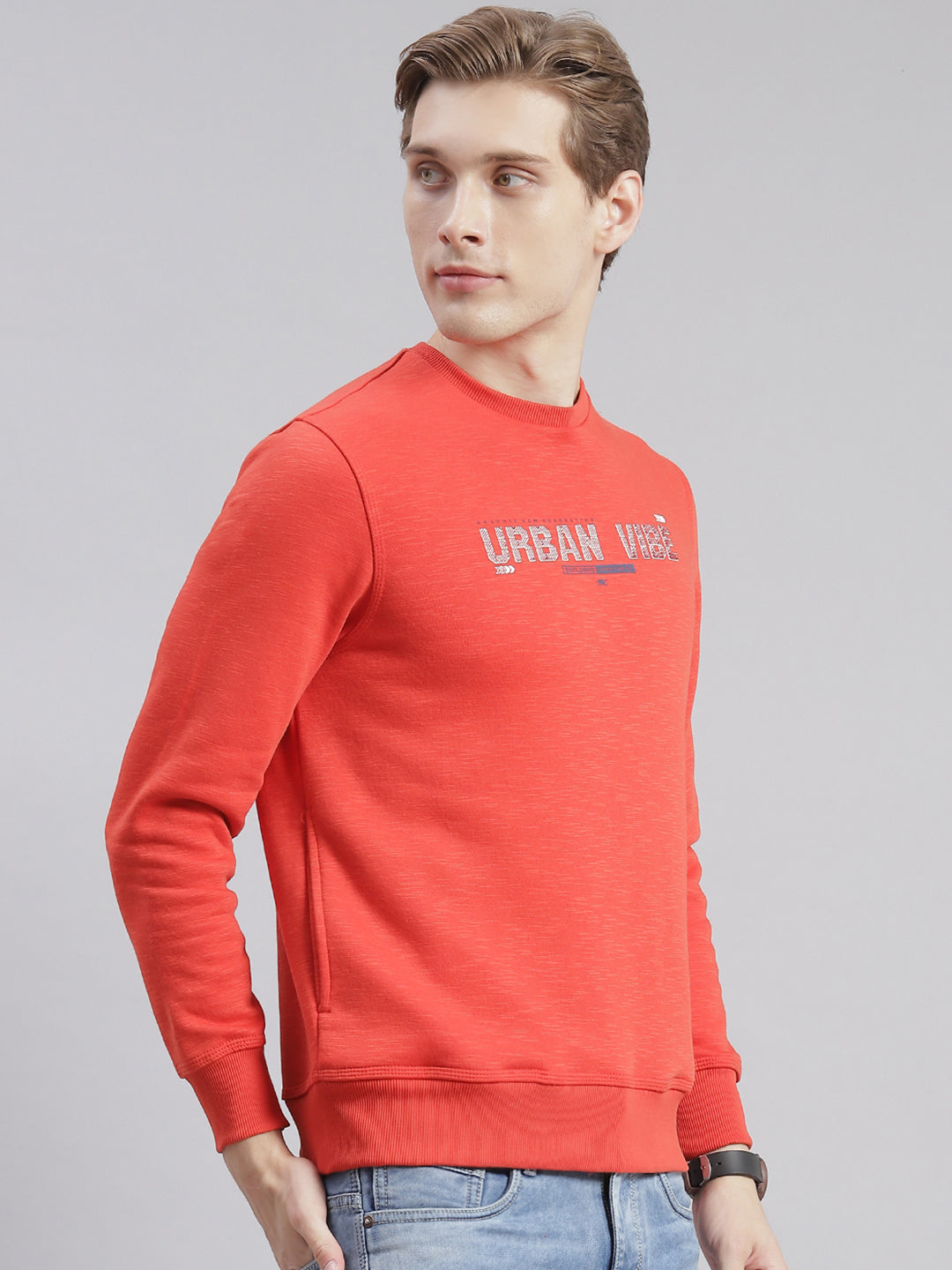 Men Orange Printed Round Neck Full Sleeve Sweatshirts