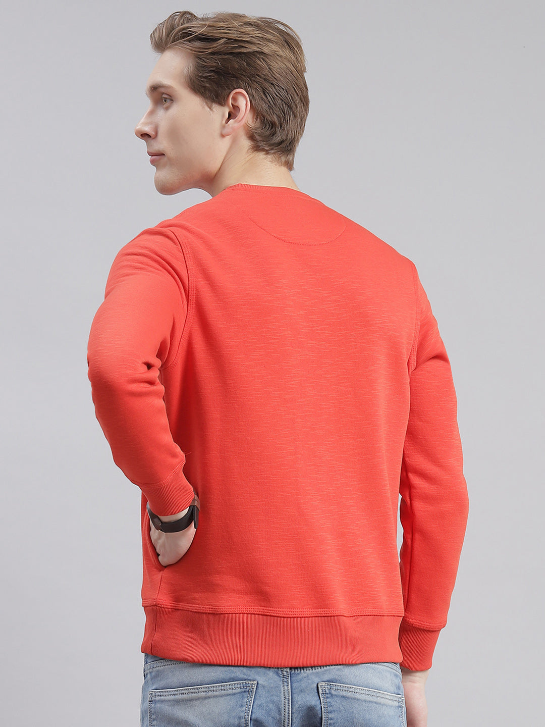 Men Orange Printed Round Neck Full Sleeve Sweatshirts