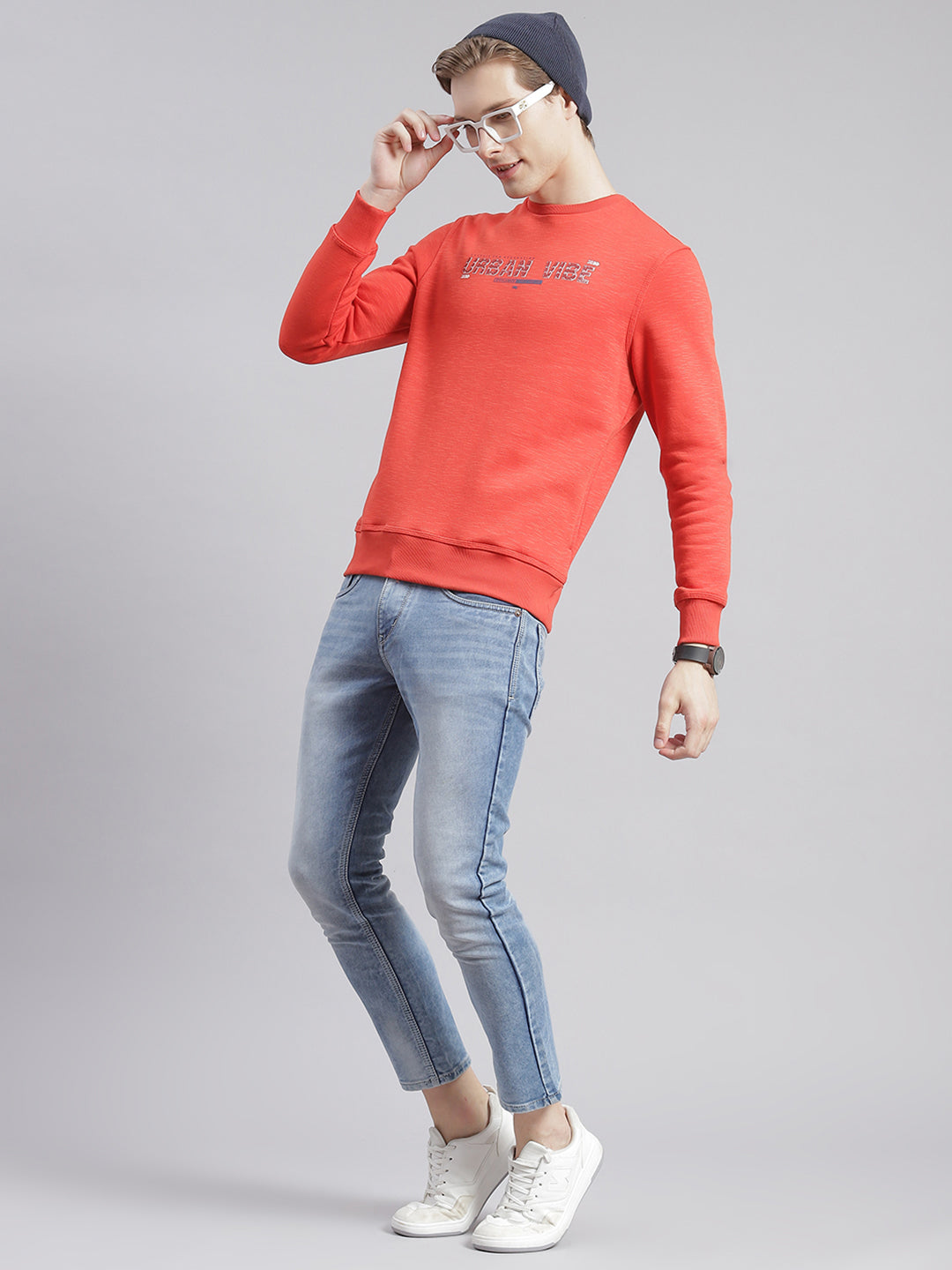 Men Orange Printed Round Neck Full Sleeve Sweatshirts