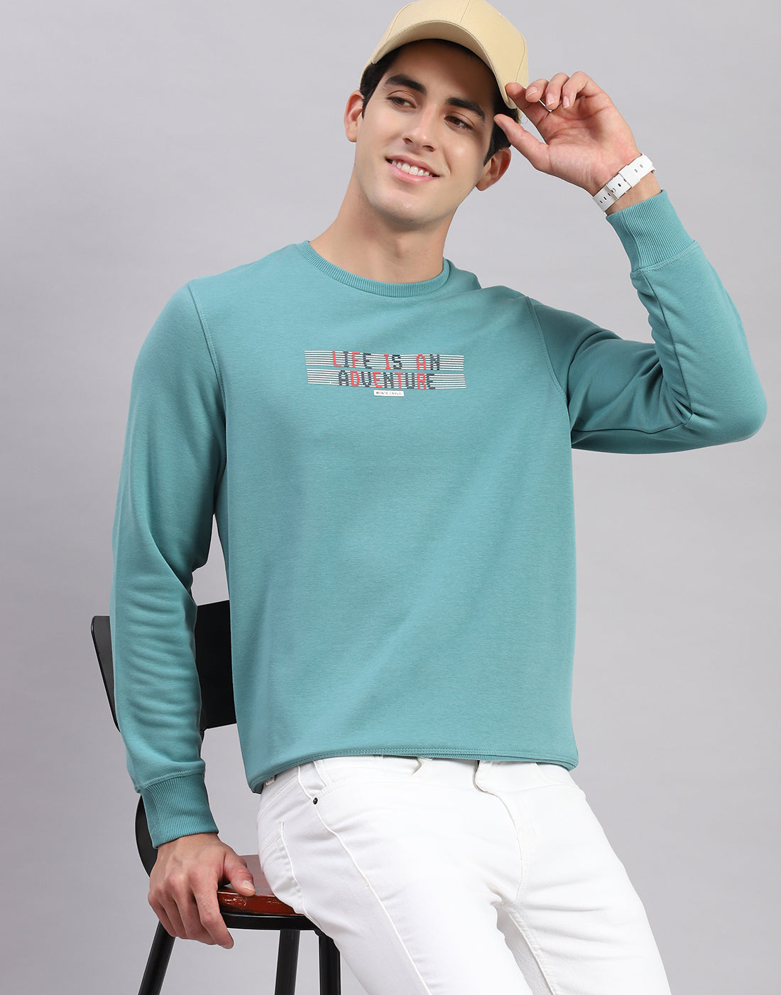 Men Turquoise Blue Solid Round Neck Full Sleeve Sweatshirts