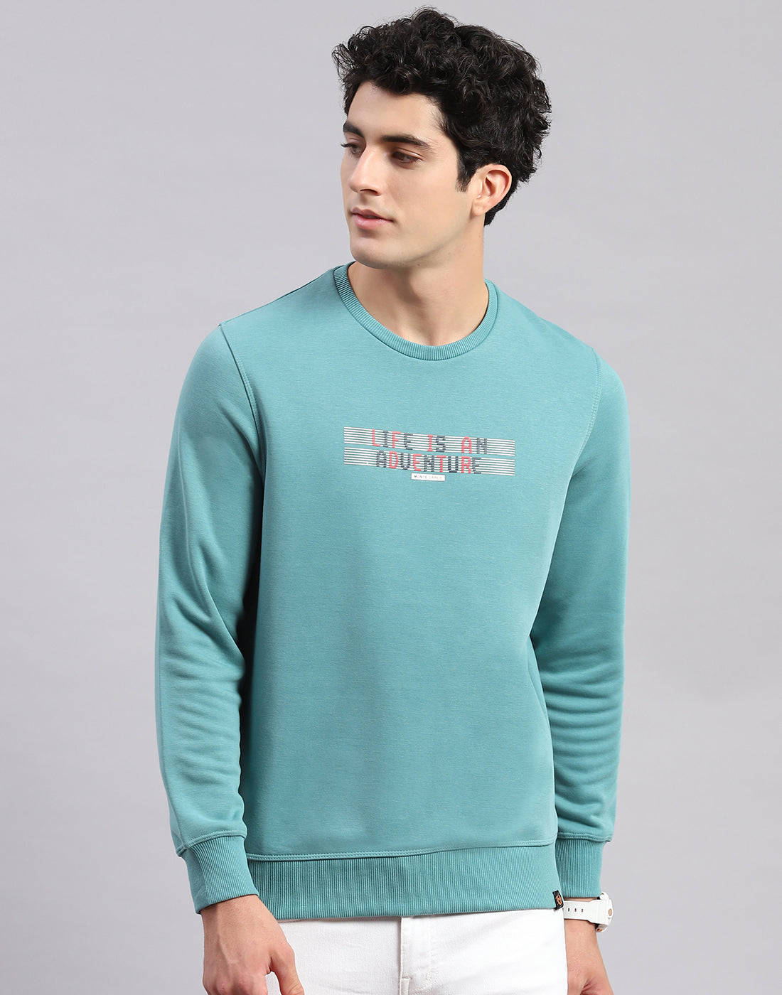 Men Turquoise Blue Solid Round Neck Full Sleeve Sweatshirts