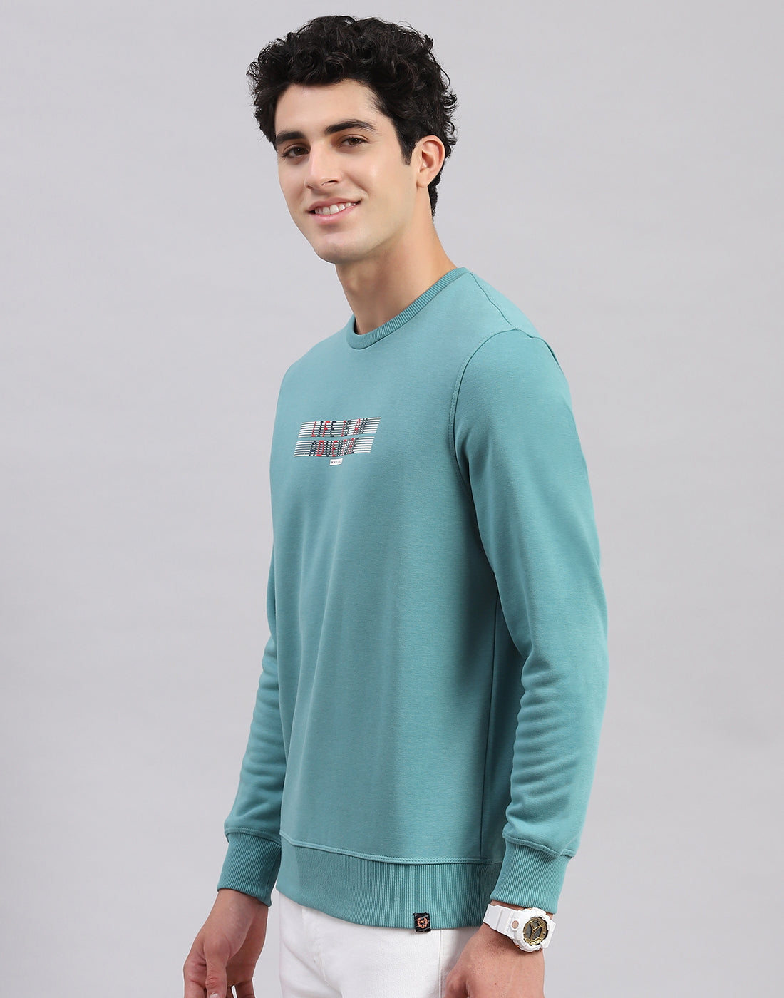 Men Turquoise Blue Solid Round Neck Full Sleeve Sweatshirts