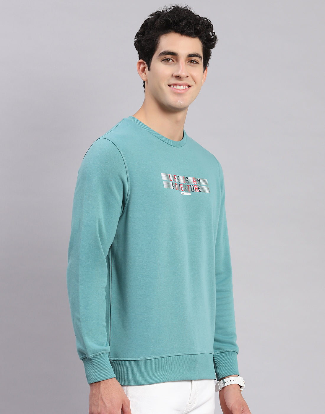 Men Turquoise Blue Solid Round Neck Full Sleeve Sweatshirts