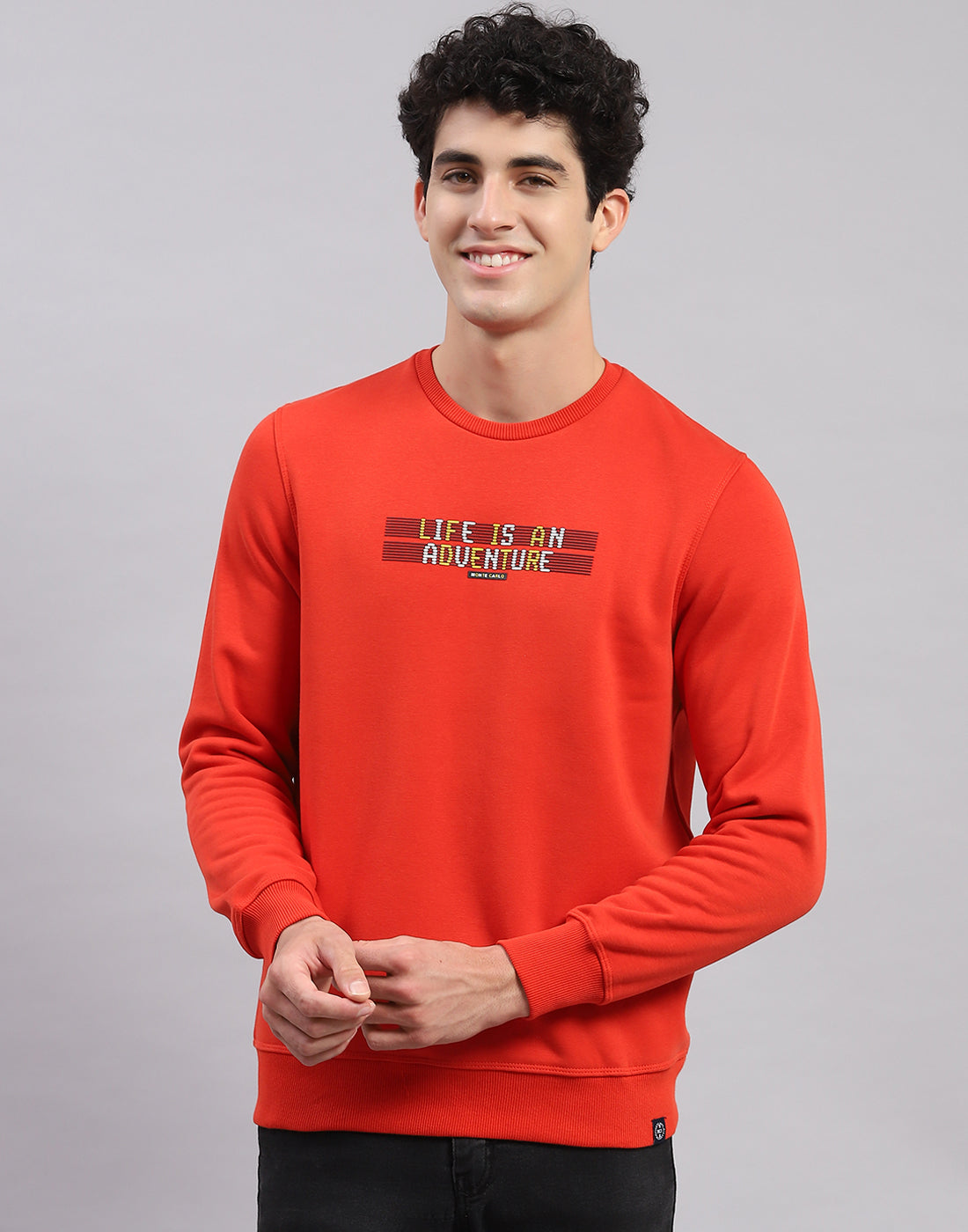 Men Orange Solid Round Neck Full Sleeve Sweatshirts