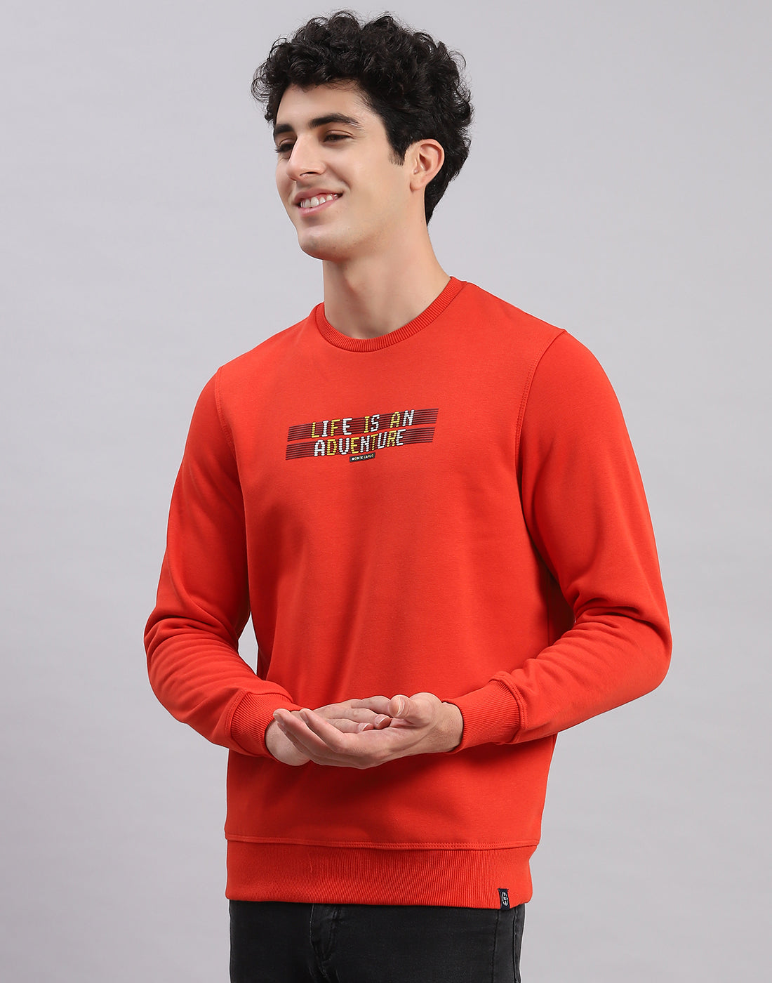 Men Orange Solid Round Neck Full Sleeve Sweatshirts