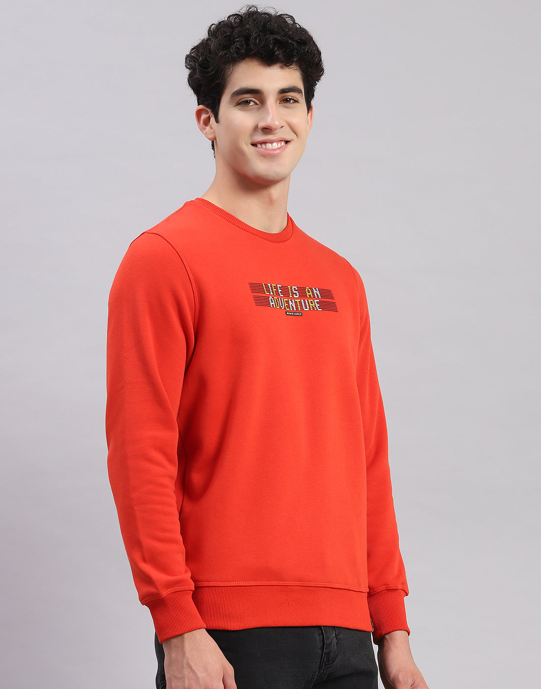 Men Orange Solid Round Neck Full Sleeve Sweatshirts