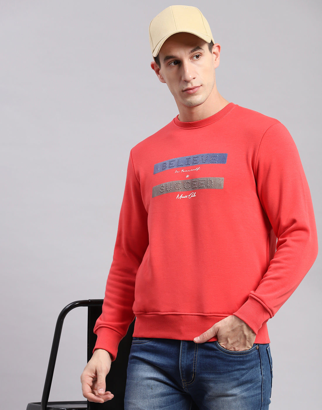 Men Pink Solid Round Neck Full Sleeve Sweatshirts