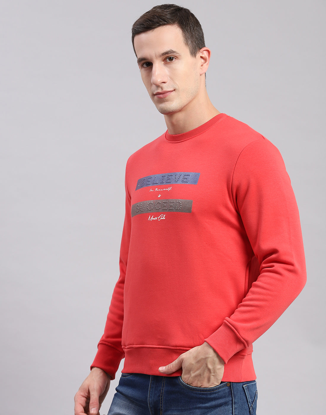 Men Pink Solid Round Neck Full Sleeve Sweatshirts