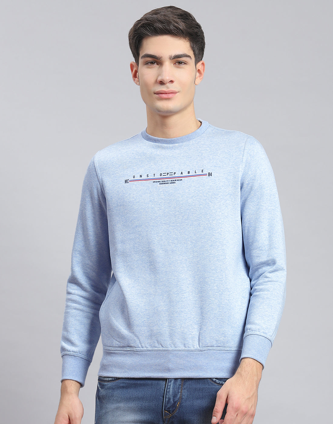 Men Blue Solid Round Neck Full Sleeve Sweatshirt