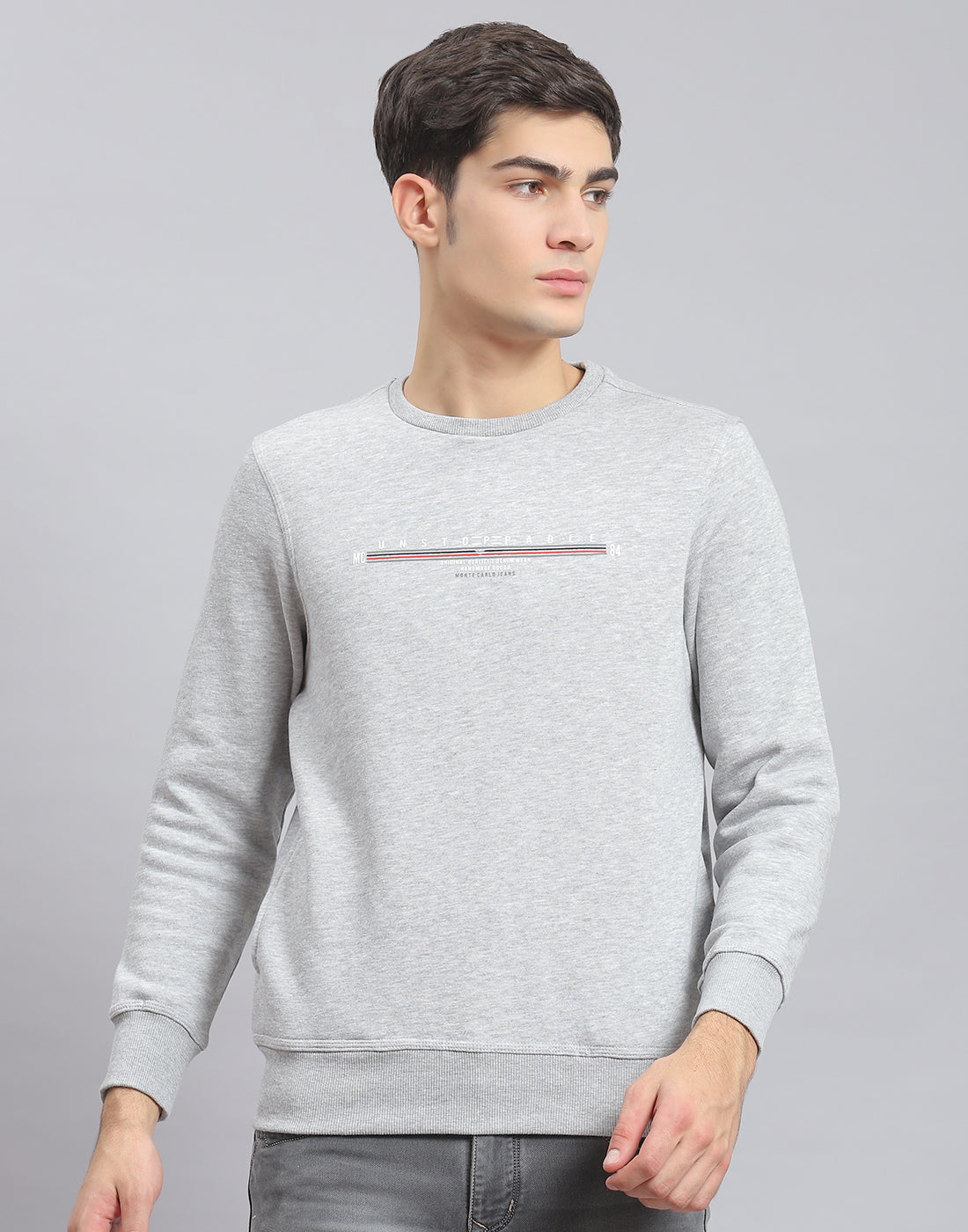 Men Grey Solid Round Neck Full Sleeve Sweatshirt